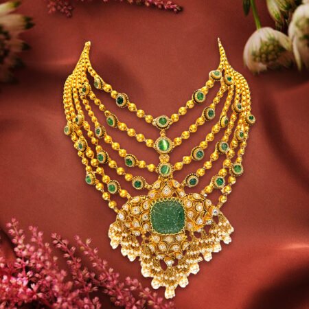 Gold Necklace With Studded Emerald, Kundan & Earring Set