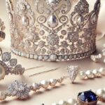 Royal bridal jewellery with tiaras, diamonds, and pearls.