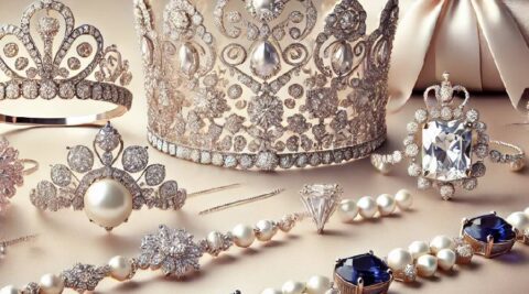 Royal bridal jewellery with tiaras, diamonds, and pearls.