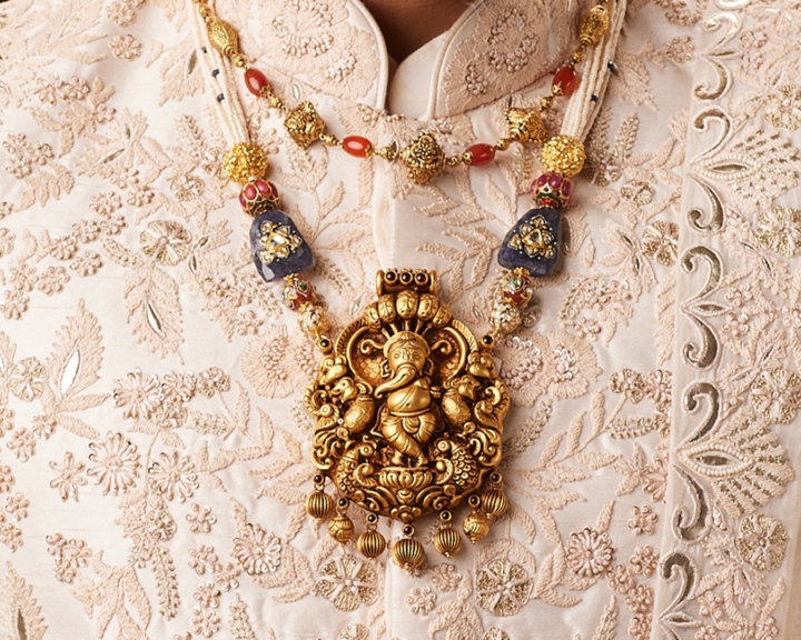 Traditional gold temple jewellery with goddess motifs