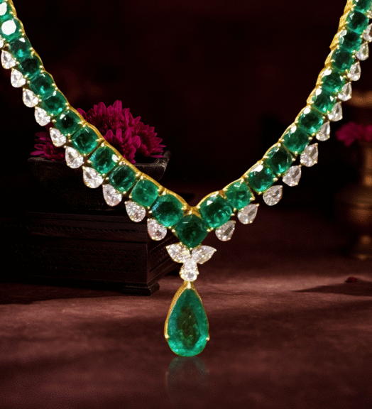 a necklace with emeralds and diamonds