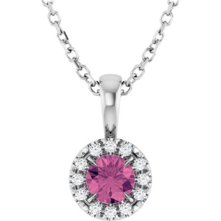 Sterling Silver 4 Mm Natural Pink Tourmaline & .05 Ctw Natural Diamond 16-18' Necklace