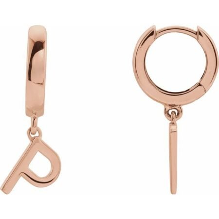 14k Rose Initial P Hinged Huggie Earring