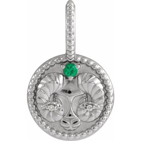 14k White Natural Emerald & .005 Ctw Natural Diamond Aries Charm/pendant