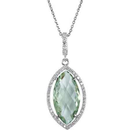 Sterling Silver Natural Green Quartz & 1/4 Ctw Natural Diamond Halo-style 18' Necklace