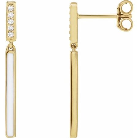 14k Yellow .06 Ctw Natural Diamond & White Enamel Bar Earrings