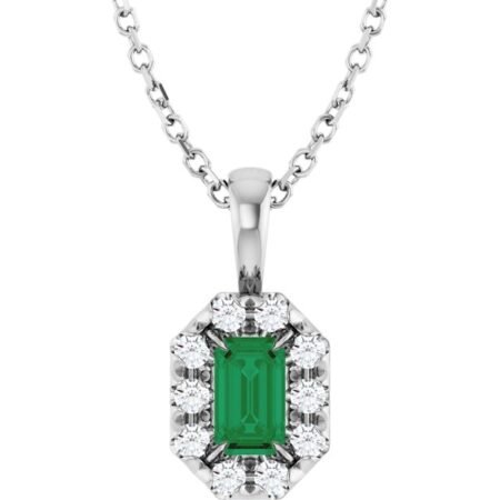 Sterling Silver 5x3 Mm Lab-grown Emerald & 1/8 Ctw Natural Diamond 16-18' Necklace