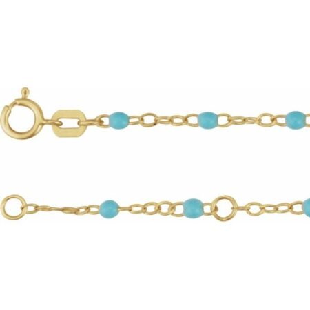 14k Yellow 2 Mm Adjustable Turquoise Enamel Bead 6-7' Chain