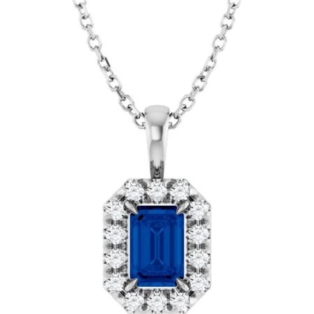 Sterling Silver 6x4 Mm Lab-grown Blue Sapphire & 1/5 Ctw Natural Diamond 16-18' Necklace