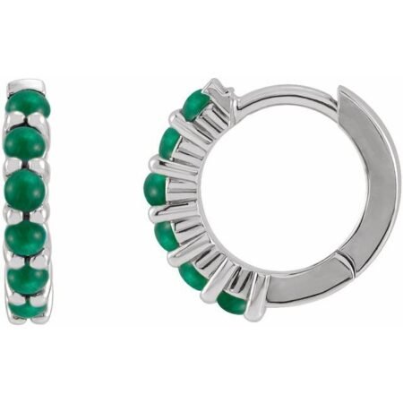 Platinum Natural Emerald Cabochon Hinged 12.2 Mm Hoop Earring