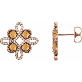 14k Rose Natural Citrine & 1/4 Ctw Natural Diamond Earrings