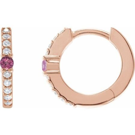 14k Rose Natural Pink Tourmaline & 1/8 Ctw Natural Diamond 13.6 Mm Hoop Earring
