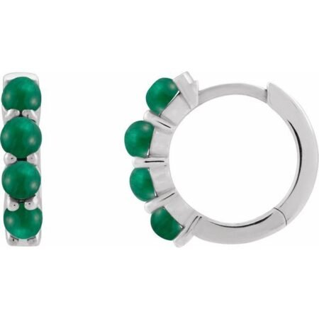14k White Natural Emerald Cabochon Hinged 14.7 Mm  Hoop Earrings