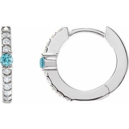 14k White Natural Blue Zircon & 1/8 Ctw Natural Diamond 13.6 Mm Hoop Earring