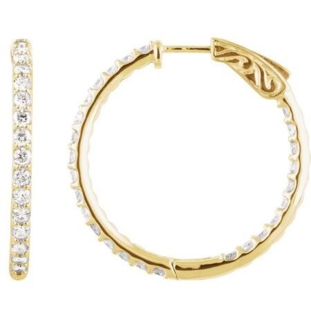 14k Yellow 2 Ctw Natural Diamond Inside-outside 29.5 Mm Hinged Hoop Earrings