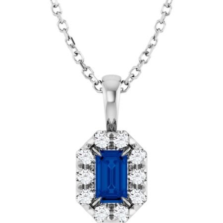Sterling Silver 5x3 Mm Lab-grown Blue Sapphire & 1/8 Ctw Natural Diamond 16-18' Necklace