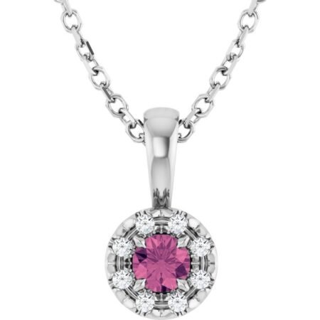 Sterling Silver 3 Mm Natural Pink Tourmaline & .03 Ctw Natural Diamond 16-18' Necklace