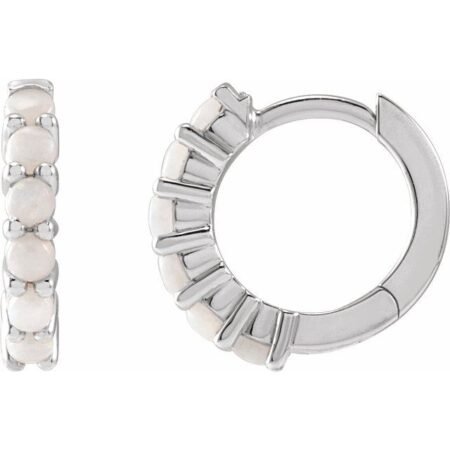 Sterling Silver Natural White Opal Cabochon Hinged 12.2 Mm Hoop Earrings