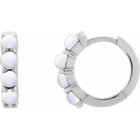 Sterling Silver Natural Rainbow Moonstone Cabochon Hinged 14.7 Mm  Hoop Earrings