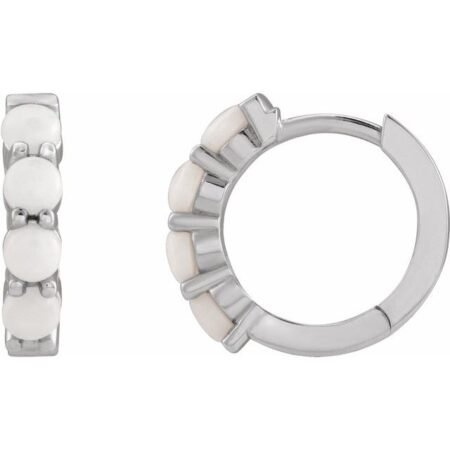 Sterling Silver Natural White Opal Cabochon Hinged 14.7 Mm  Hoop Earrings