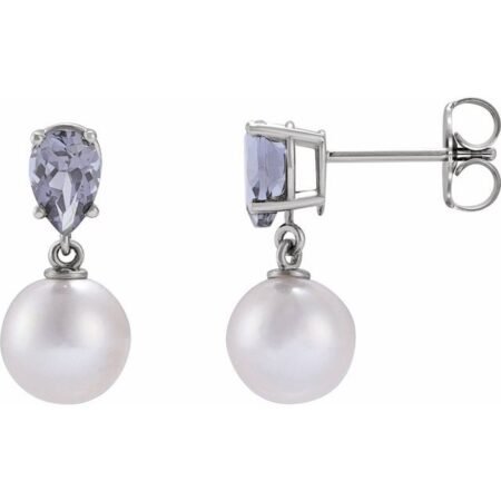 14k White Cultured White Akoya Pearl & Natural Tanzanite Earrings