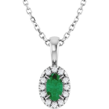 Sterling Silver 5x3 Mm Lab-grown Emerald & .05 Ctw Natural Diamond 16-18' Necklace
