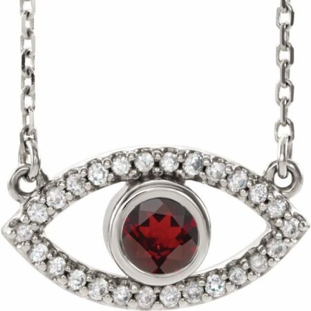 Sterling Silver Natural Mozambique Garnet & Natural White Sapphire Evil Eye 18' Necklace