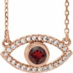 14k Rose Natural Mozambique Garnet & Natural White Sapphire Evil Eye 16' Necklace