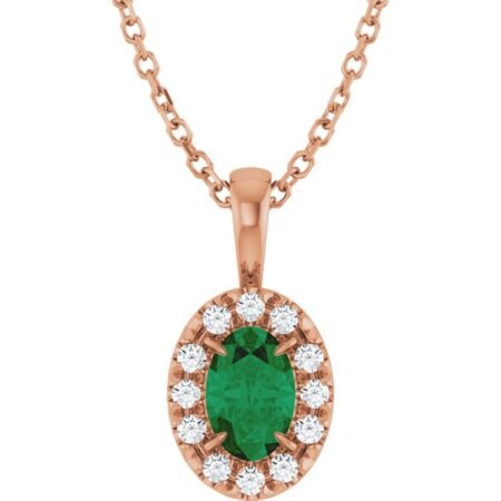 14k Rose 6x4 Mm Lab-grown Emerald & 1/10 Ctw Natural Diamond 16-18' Necklace