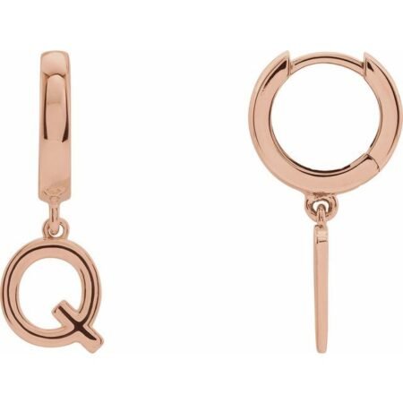 14k Rose Initial Q Hinged Huggie Earring