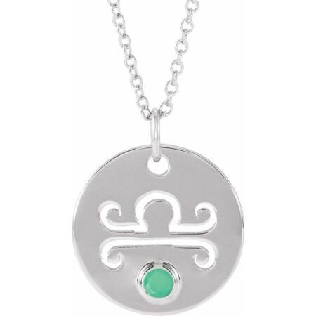 14k White Natural Green Chrysoprase Libra Zodiac 16-18' Necklace