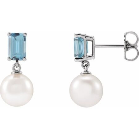 14k White Cultured White Akoya Pearl & Natural Aquamarine