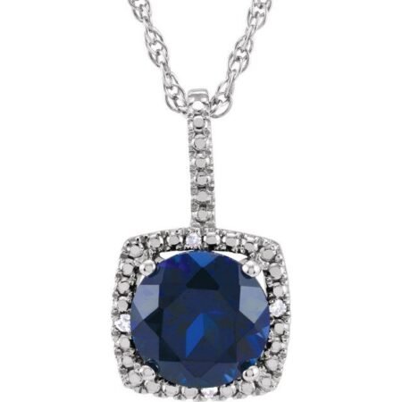 Sterling Silver 7 Mm Lab-grown Sapphire & .015 Ctw Natural Diamond 18' Necklace