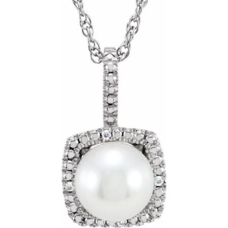 Sterling Silver 6.5-7 Mm Cultured White Freshwater Pearl & .015 Ctw Natural Diamond 18' Necklace
