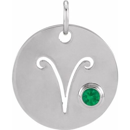 14k White Natural Emerald Aries Zodiac Pendant