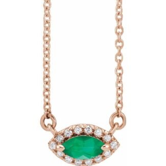 14k Rose Lab-grown Emerald & .05 Ctw Natural Diamond Halo-style 16' Necklace