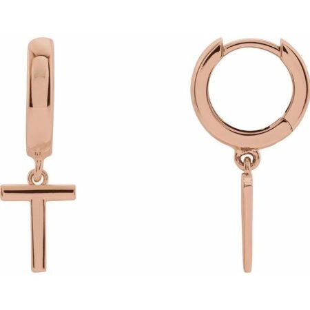 14k Rose Initial T Hinged Huggie Earring