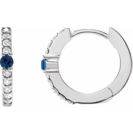14k White Lab-grown Blue Sapphire & 1/8 Ctw Natural Diamond 13.6 Mm Hoop Earring