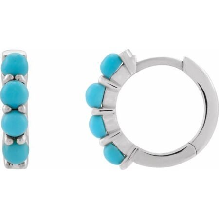 Sterling Silver Natural Turquoise Cabochon Hinged  14.7 Mm  Hoop Earrings