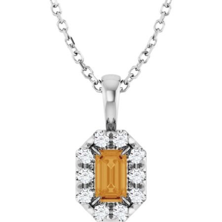 Platinum 5x3 Mm Natural Citrine & 1/8 Ctw Natural Diamond 16-18' Necklace