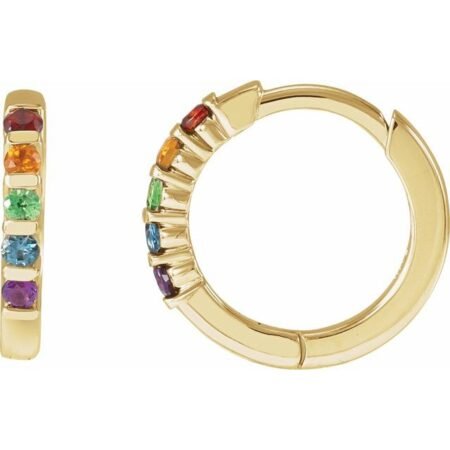 14k Yellow Natural Multi-gemstone Rainbow Huggie Hoop Earrings