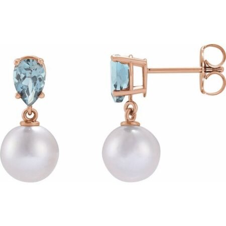 14k Rose Cultured White Akoya Pearl & Natural Aquamarine Earrings
