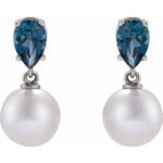 Platinum Cultured White Akoya Pearl & Natural London Blue Topaz Earrings