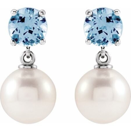 14k White Cultured White Akoya Pearl & Natural Aquamarine