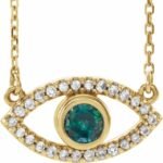 14k Yellow Natural Alexandrite & Natural White Sapphire Evil Eye 16' Necklace