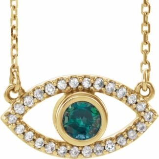 14k Yellow Natural Alexandrite & Natural White Sapphire Evil Eye 16' Necklace