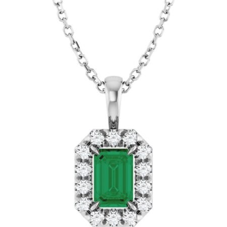 Sterling Silver 6x4 Mm Lab-grown Emerald & 1/5 Ctw Natural Diamond 16-18' Necklace