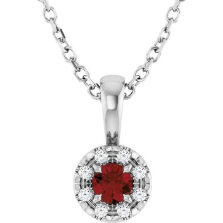 Sterling Silver 3 Mm Natural Mozambique Garnet & .03 Ctw Natural Diamond 16-18' Necklace