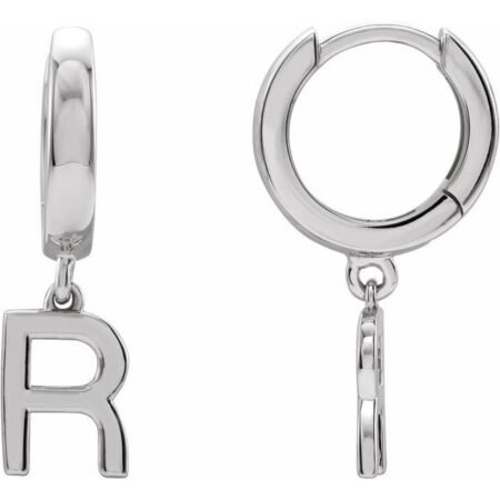 18k White Initial R Hinged Huggie Earring