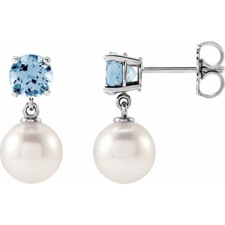 Platinum White Akoya Pearl & Natural Aquamarine Drop Earrings